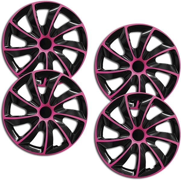 Eine Frontaufnahme des 4er Set Radkappen Modell RKK02 in schwarz-pink.