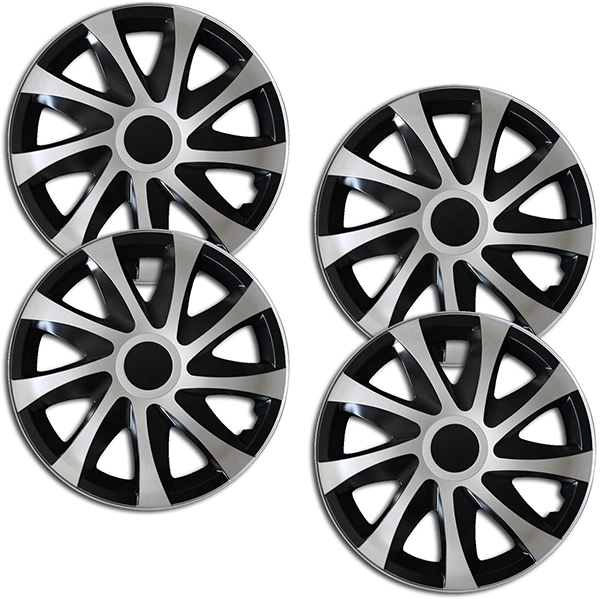 Eine Frontaufnahme des 4er Set Radkappen Modell RKK04 in schwarz-silber.