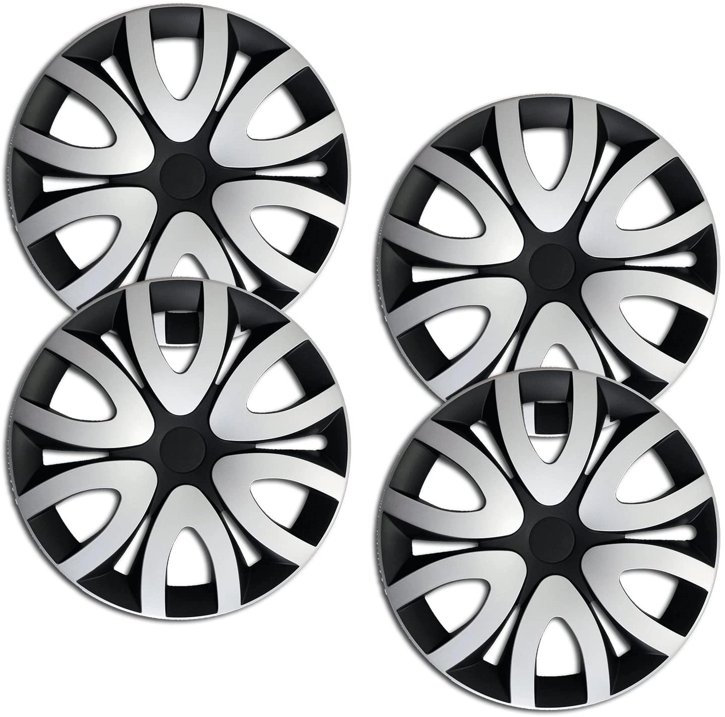 Vier schwarz-silberne Radkappen RKK10 im praktischen 4er-Set für Auto-Stahlfelgen im modernen Bicolor-Design.