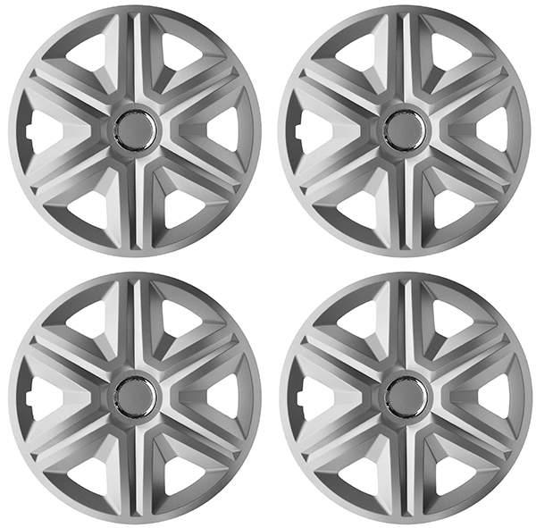 Eine Frontaufnahme des 4er Set Radkappen Modell RKK21 in silber.
