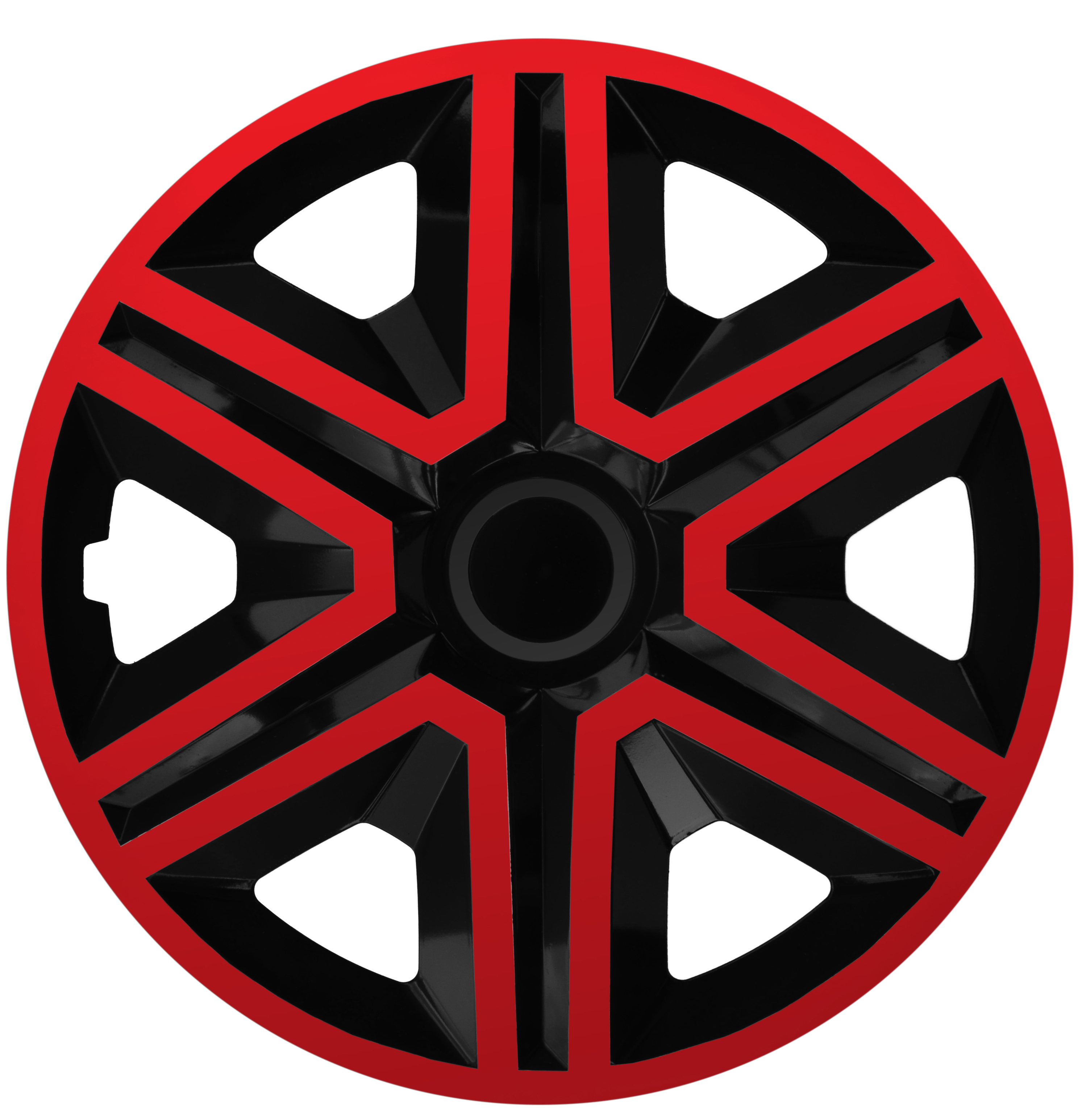 Eine Frontaufnahme der Radkappe Modell RKK20 in schwarz-rot.