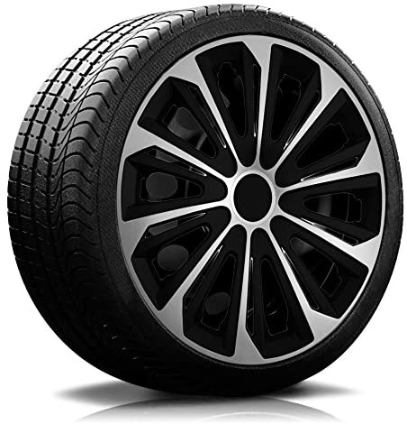 Reifen Radkappe RKK06 schwarz-silber Ein Reifen mit Felge, auf der eine Radkappe des Modells RKK06 schwarz-silber ist.