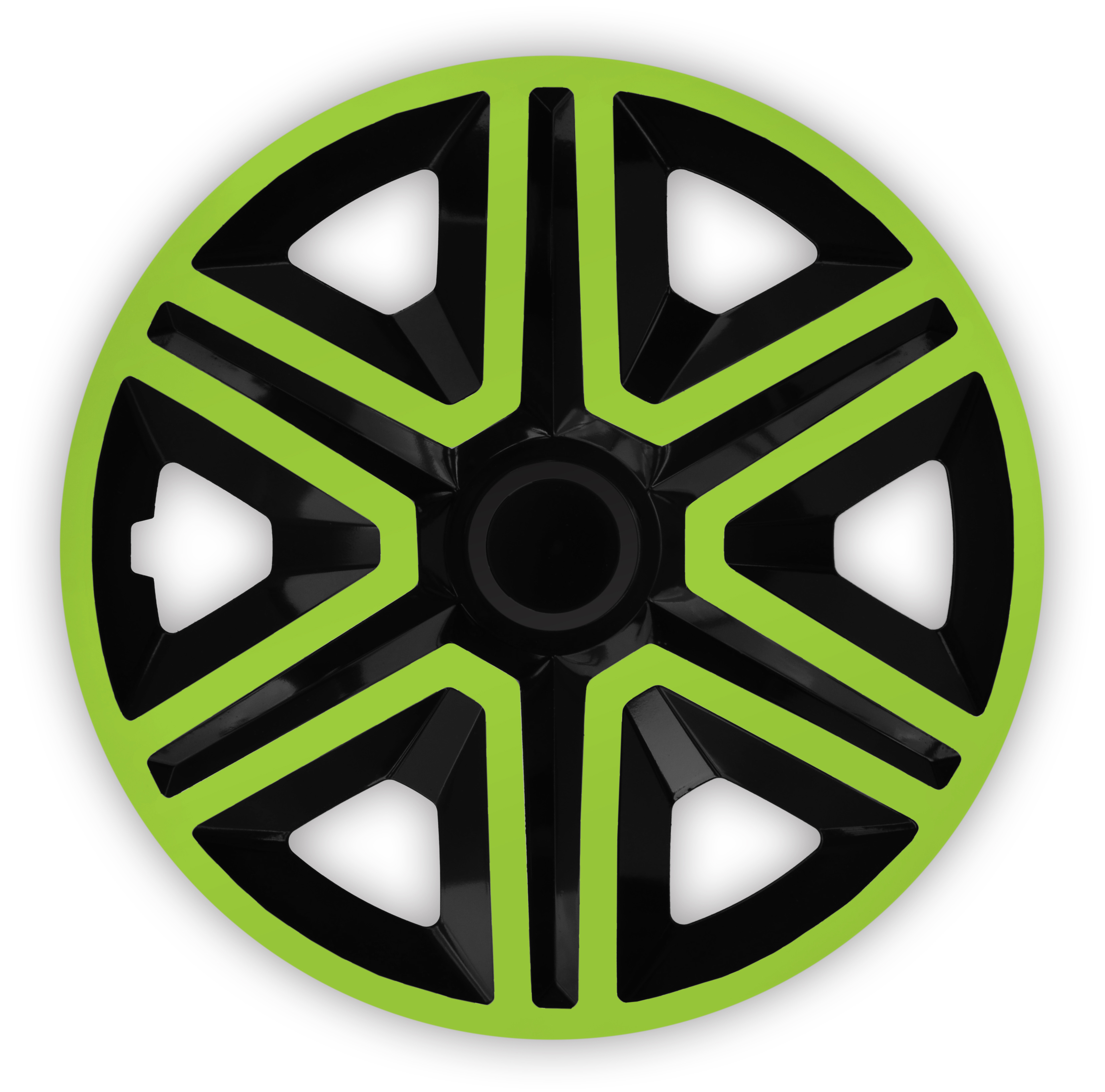 Radkappe Frontaufnahme RKK20 schwarz-gruen Eine Frontaufnahme der Radkappe Modell RKK20 in schwarz-gruen.