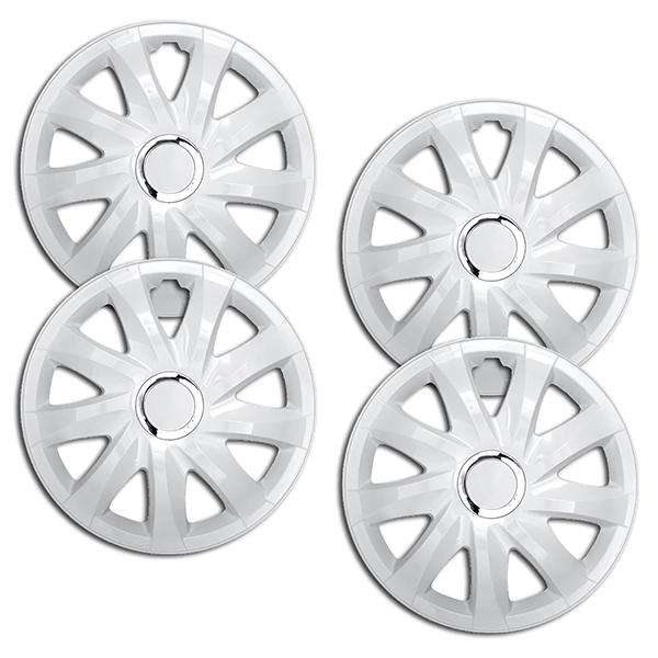 Eine Frontaufnahme des 4er Set Radkappen Modell RKK01 in weiss.