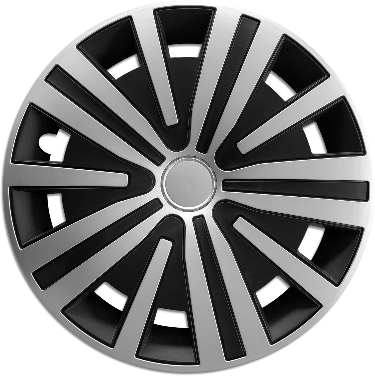 Radkappe Frontaufnahme RKK17 schwarz-silber Eine Frontaufnahme der Radkappe Modell RKK17 in schwarz-silber.