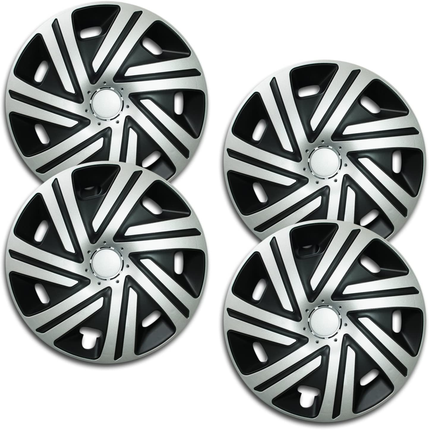 Eine Frontaufnahme des 4er Set Radkappen Modell RKK07 in schwarz-silber.