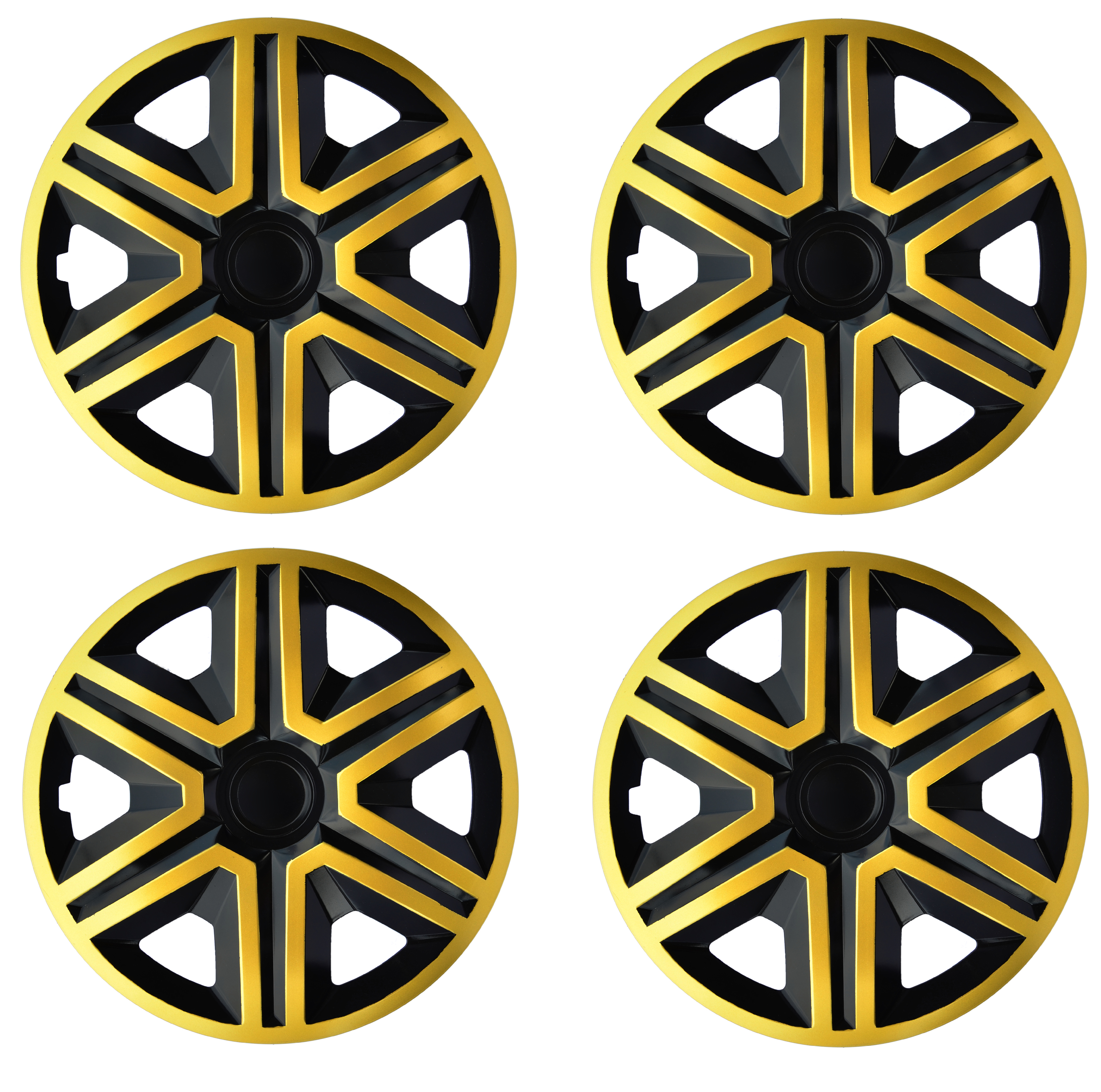 Eine Frontaufnahme des 4er Set Radkappen Modell RKK20 in schwarz-gold.