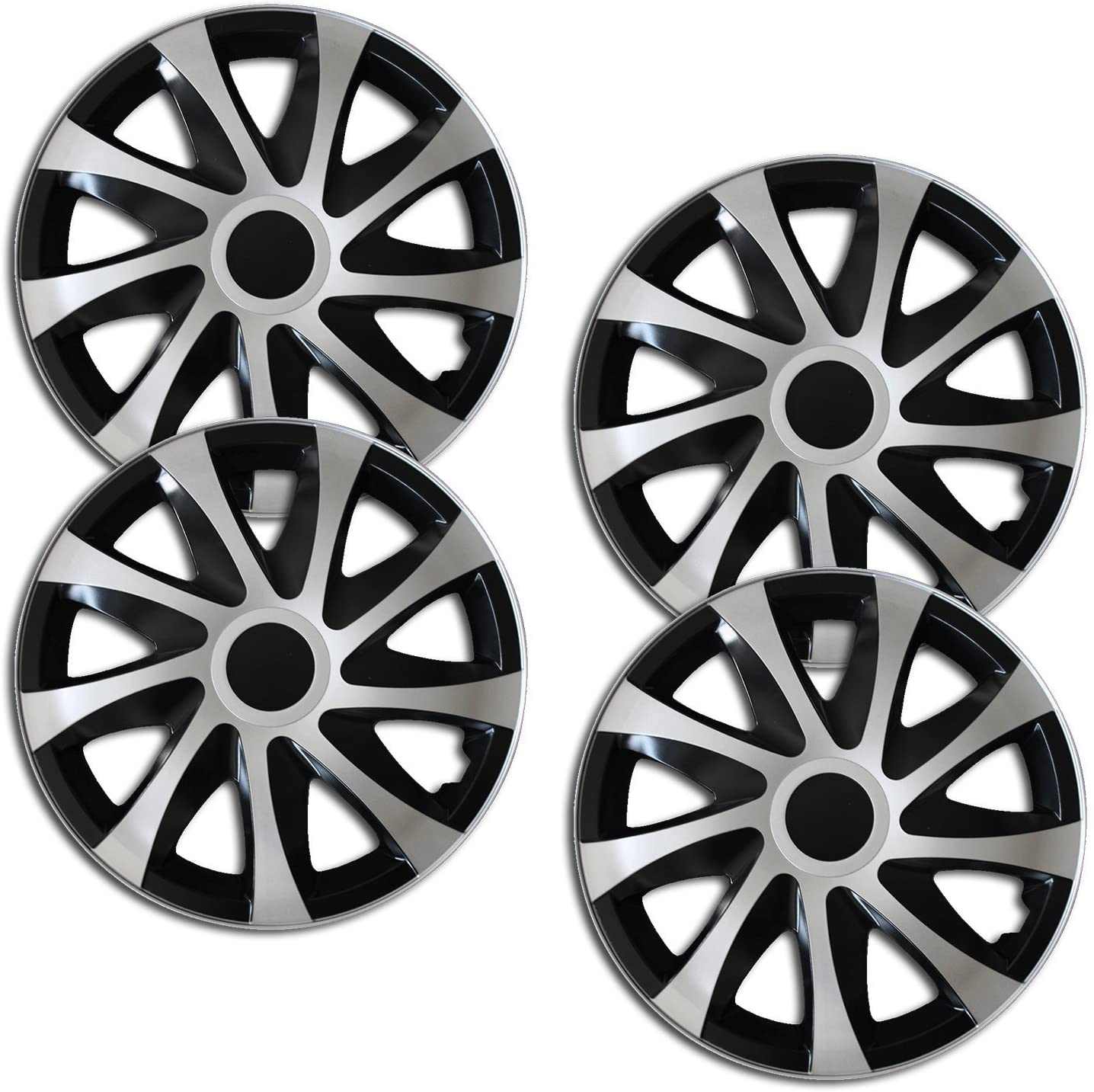 Eine Frontaufnahme des 4er Set Radkappen Modell RKK04 in schwarz-silber.