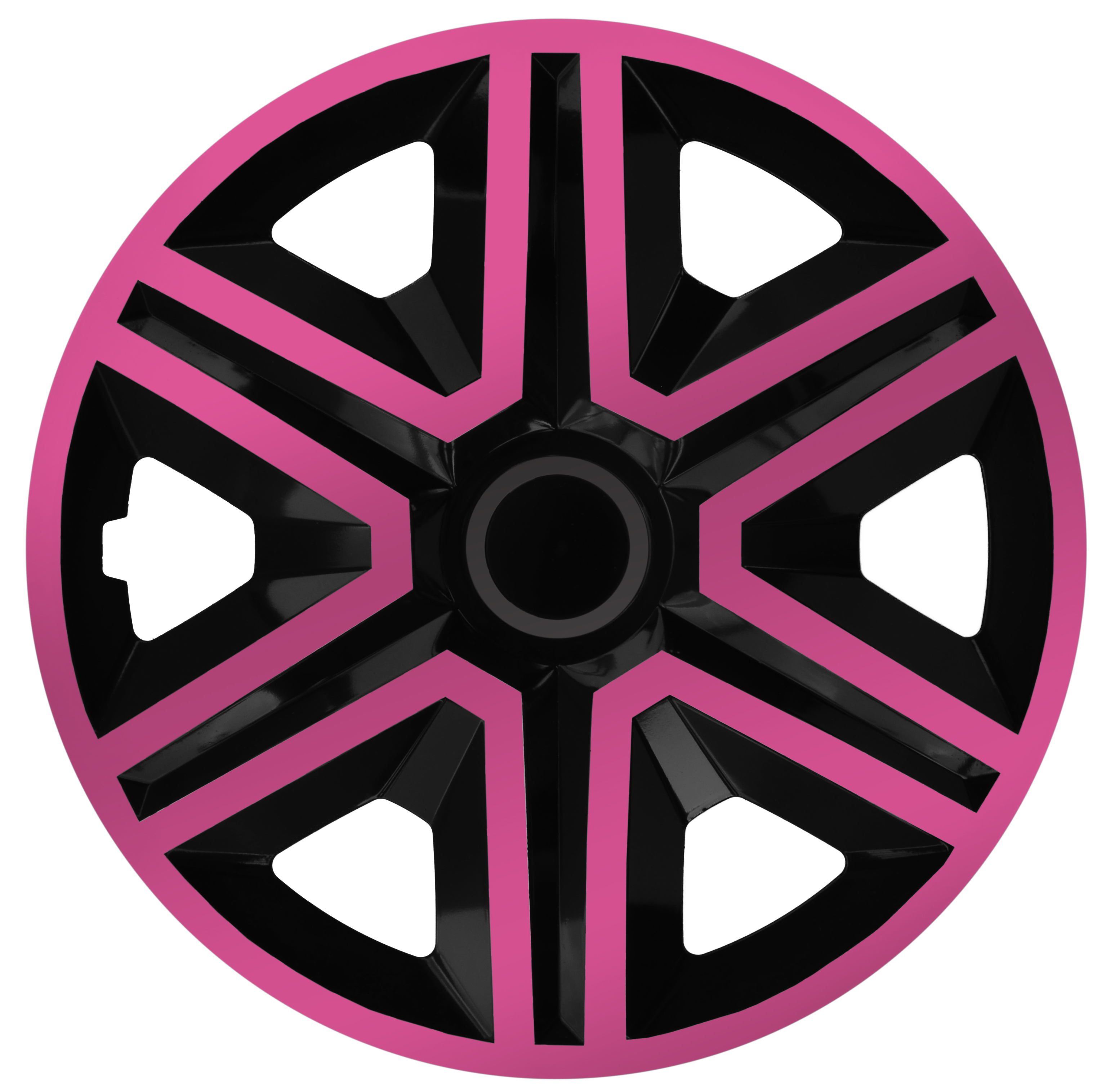 Eine Frontaufnahme der Radkappe Modell RKK20 in schwarz-pink.