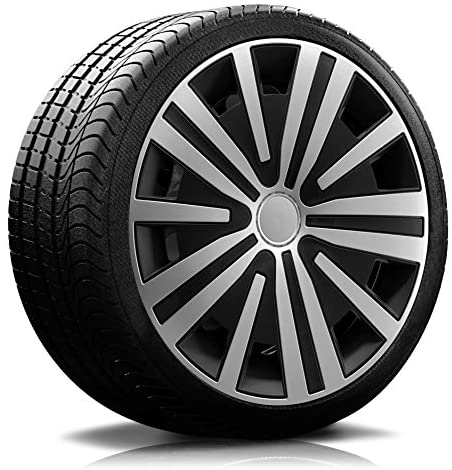 Reifen Radkappe RKK17 schwarz-silber Ein Reifen mit Felge, auf der eine Radkappe des Modells RKK17 schwarz-silber ist.