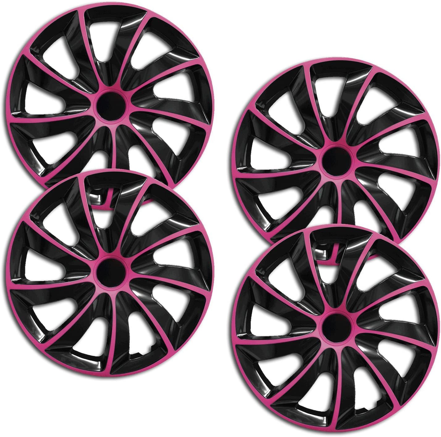 4 Radkappen Frontaufnahme RKK02 schwarz-pink Eine Frontaufnahme des 4er Set Radkappen Modell RKK02 in schwarz-pink.