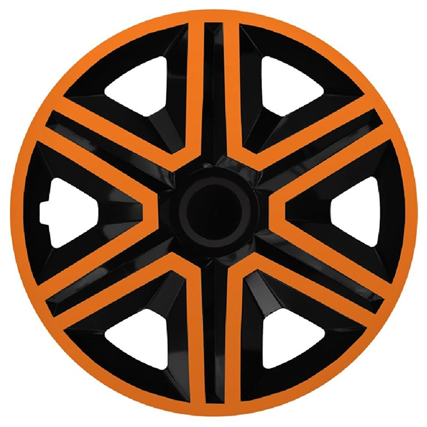 Eine Frontaufnahme der Radkappe Modell RKK20 in schwarz-orange.
