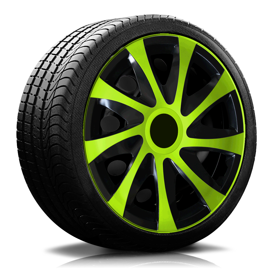 Ein Reifen mit Felge, auf der eine Radkappe des Modells RKK04 schwarz-gruen ist.