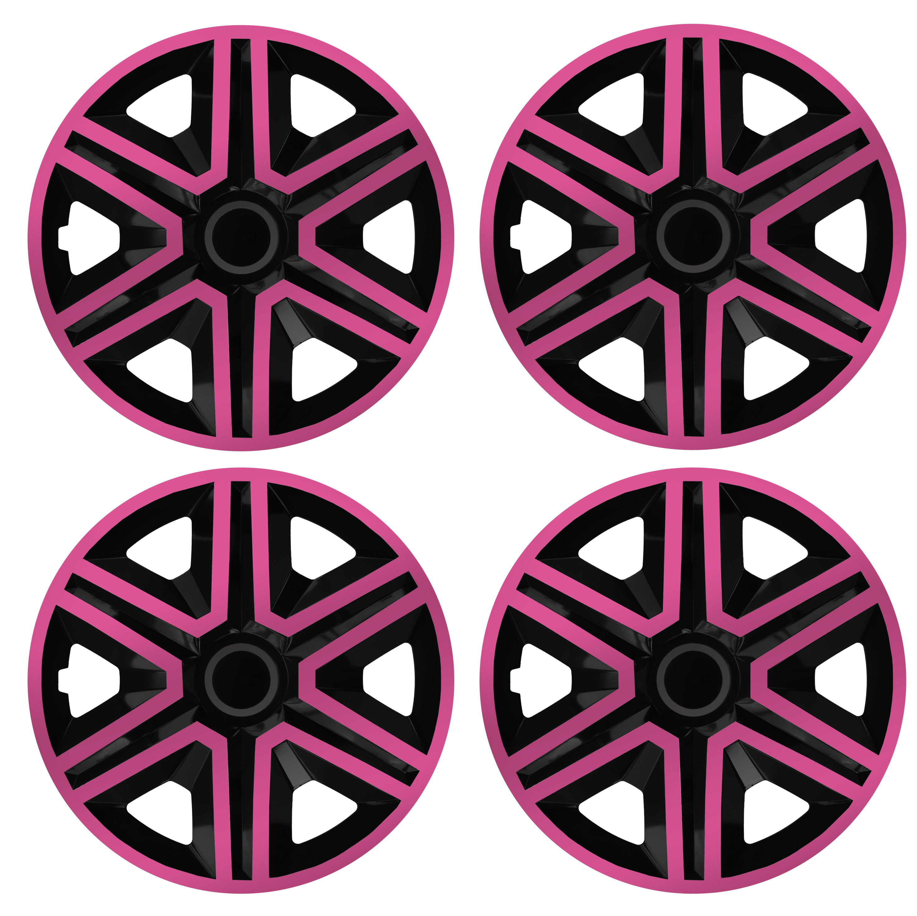 Eine Frontaufnahme des 4er Set Radkappen Modell RKK20 in schwarz-pink.