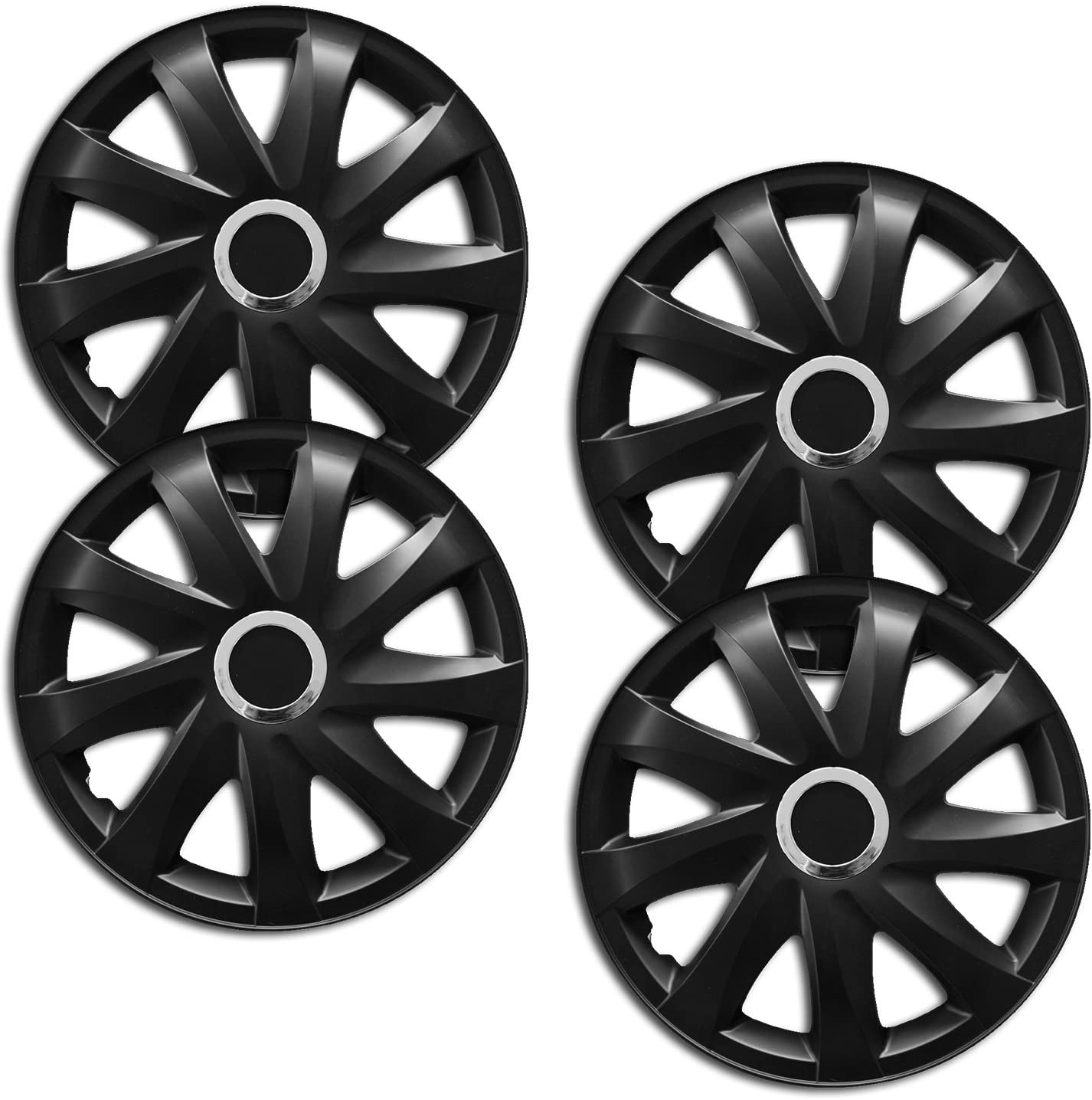 Eine Frontaufnahme des 4er Set Radkappen Modell RKK01 in schwarz-matt.