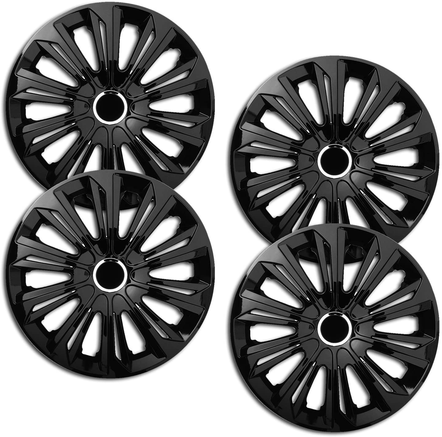 Eine Frontaufnahme des 4er Set Radkappen Modell RKK06 in schwarz.