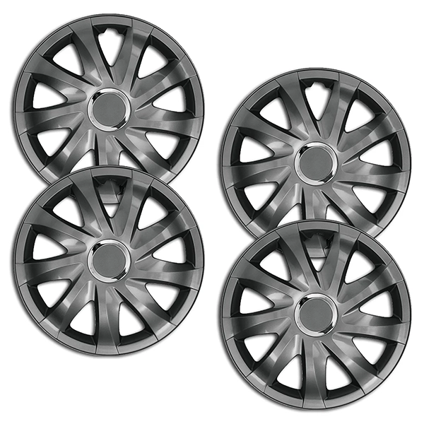 Eine Frontaufnahme des 4er Set Radkappen Modell RKK01 in graphit.