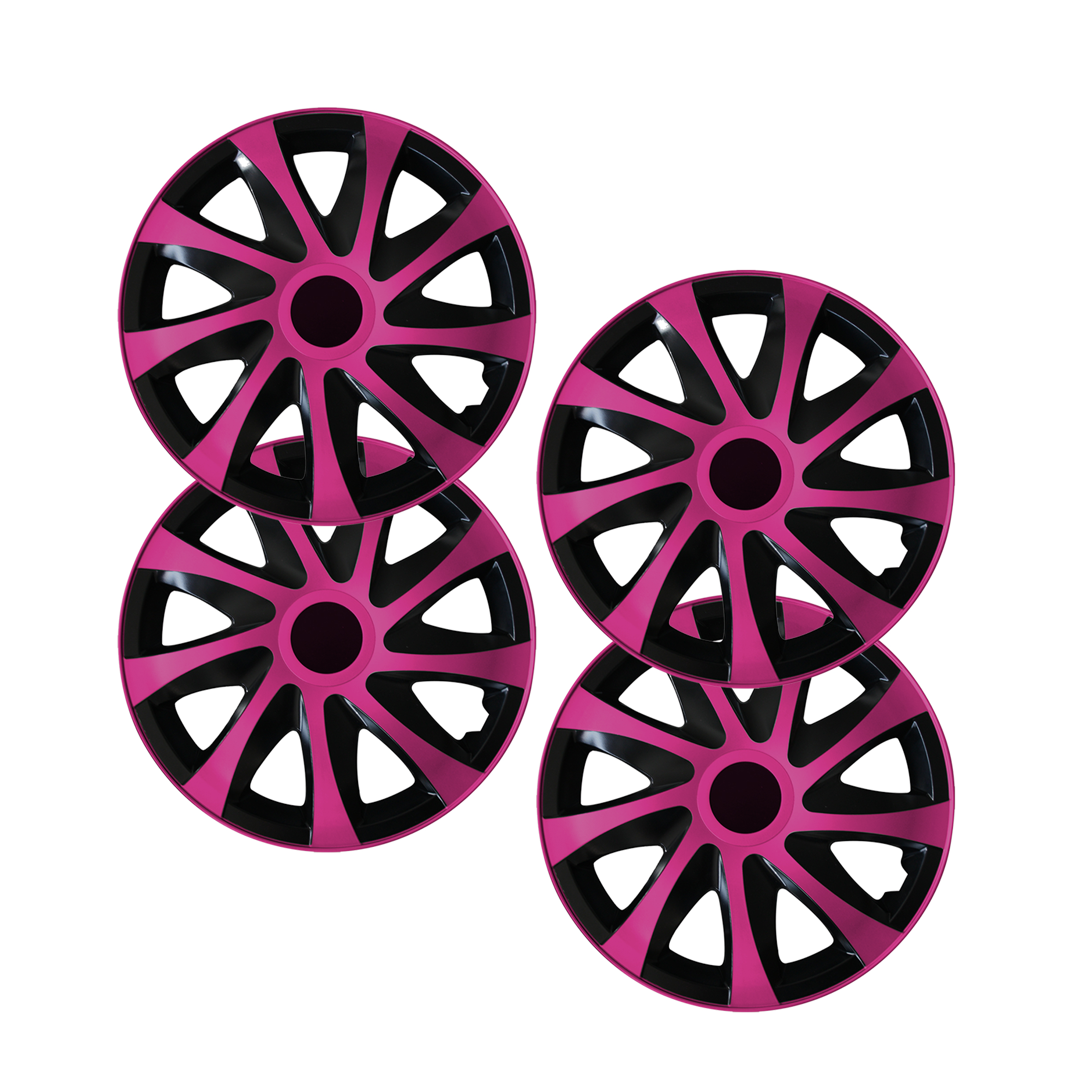 Eine Frontaufnahme des 4er Set Radkappen Modell RKK04 in schwarz-pink.