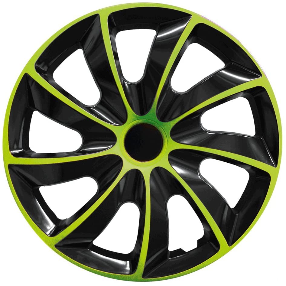 Eine Frontaufnahme der Radkappe Modell RKK02 in schwarz-gruen.