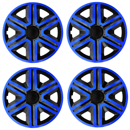 Eine Frontaufnahme des 4er Set Radkappen Modell RKK20 in schwarz-blau.