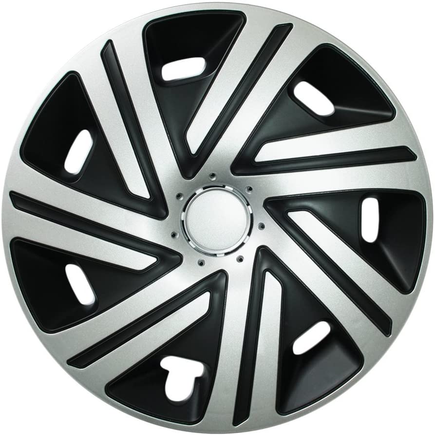 Eine Frontaufnahme der Radkappe Modell RKK07 in schwarz-silber.