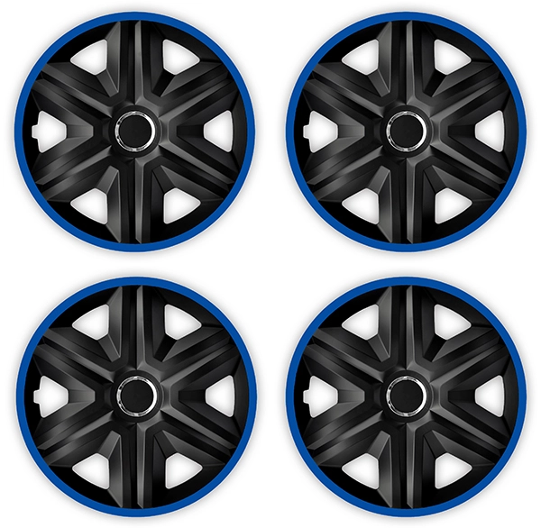 Eine Frontaufnahme des 4er Set Radkappen Modell RKK21 in schwarz-blau.