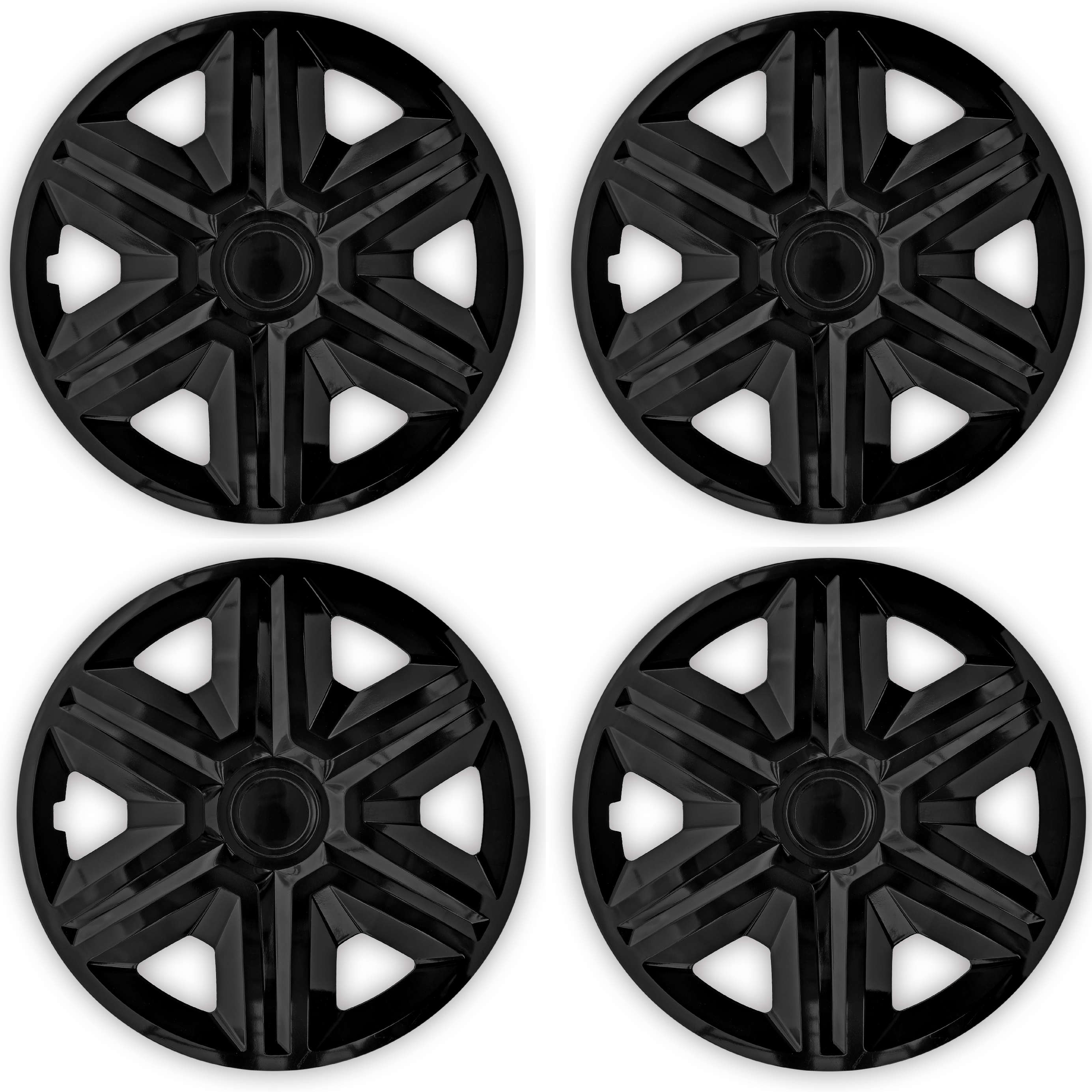 Eine Frontaufnahme des 4er Set Radkappen Modell RKK20 in schwarz.