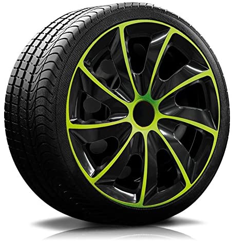 Ein Reifen mit Felge, auf der eine Radkappe des Modells RKK02 schwarz-gruen ist.