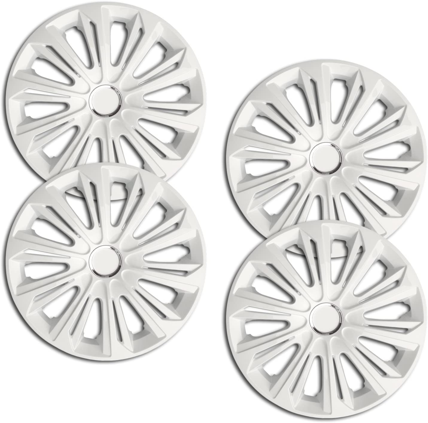 Eine Frontaufnahme des 4er Set Radkappen Modell RKK06 in weiss.