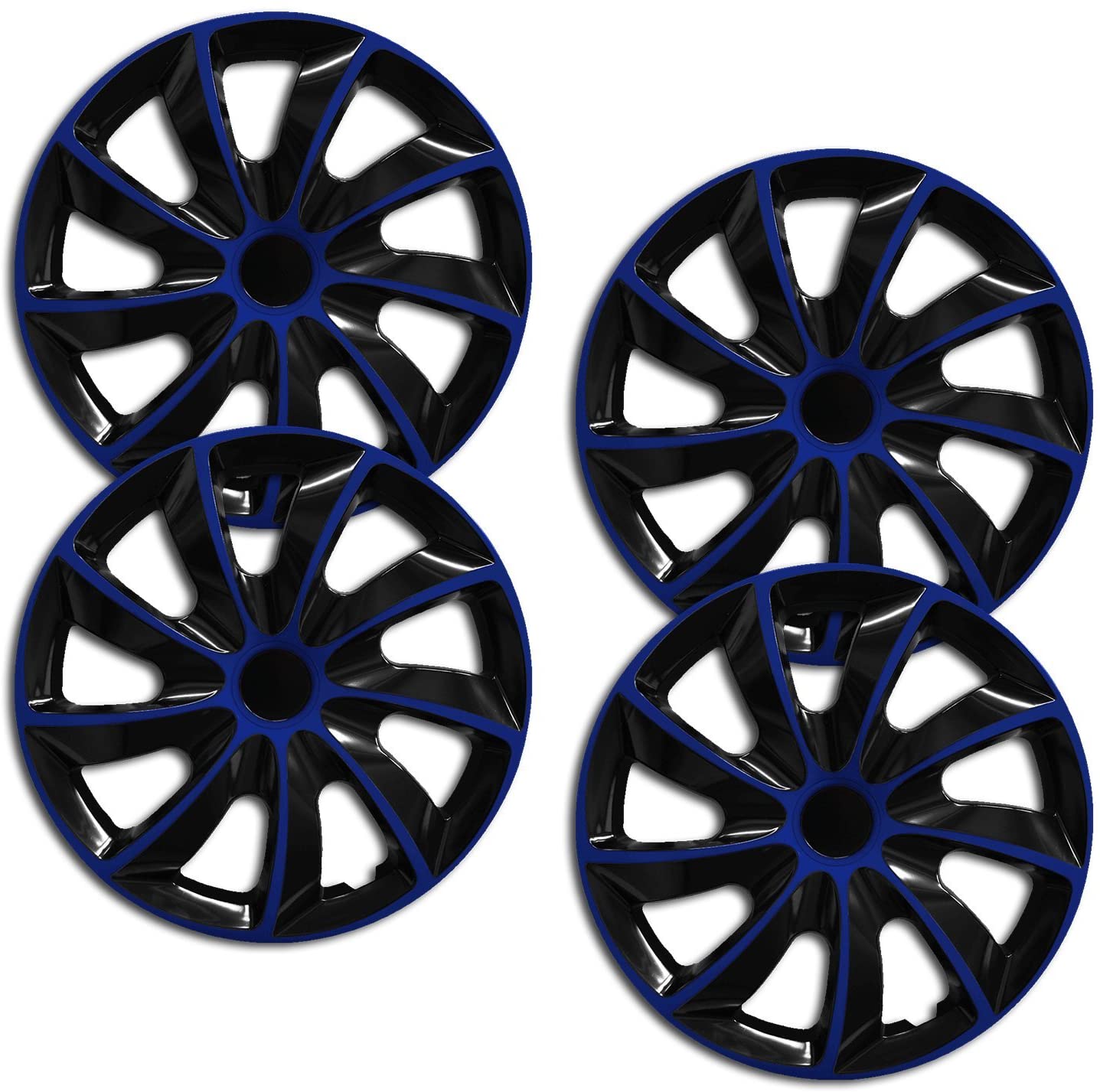 Eine Frontaufnahme des 4er Set Radkappen Modell RKK02 in schwarz-blau.