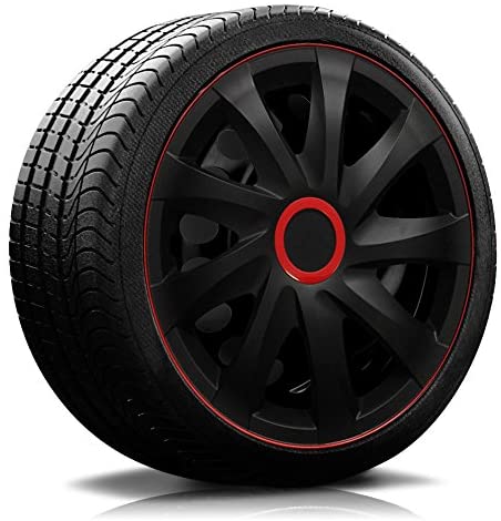 Ein Reifen mit Felge, auf der eine Radkappe des Modells RKK04 schwarz-rot Race ist.