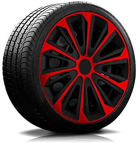 Ein Reifen mit Felge, auf der eine Radkappe des Modells RKK06 schwarz-rot ist.