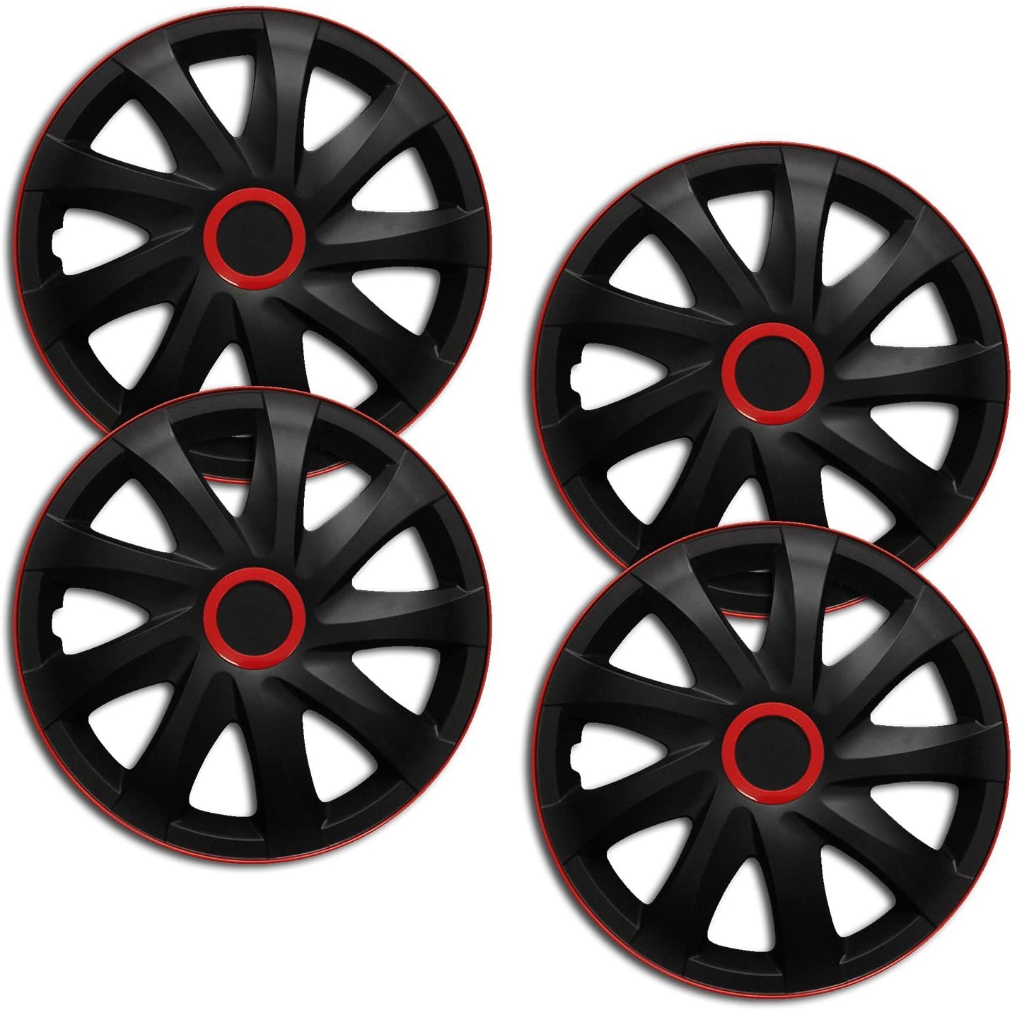 Eine Frontaufnahme des 4er Set Radkappen Modell RKK04 in schwarz-rot Race