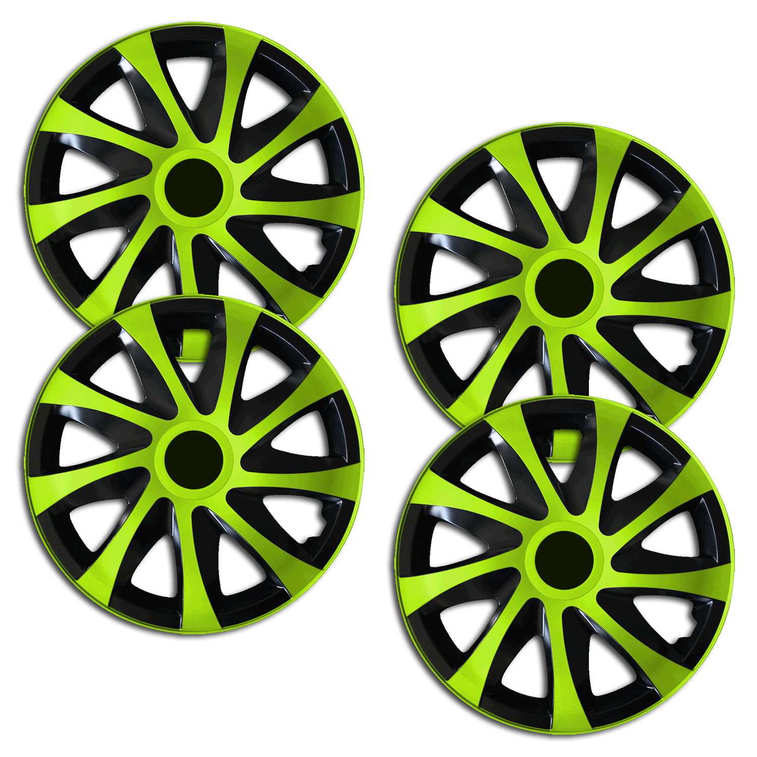 Eine Frontaufnahme des 4er Set Radkappen Modell RKK04 in schwarz-gruen.