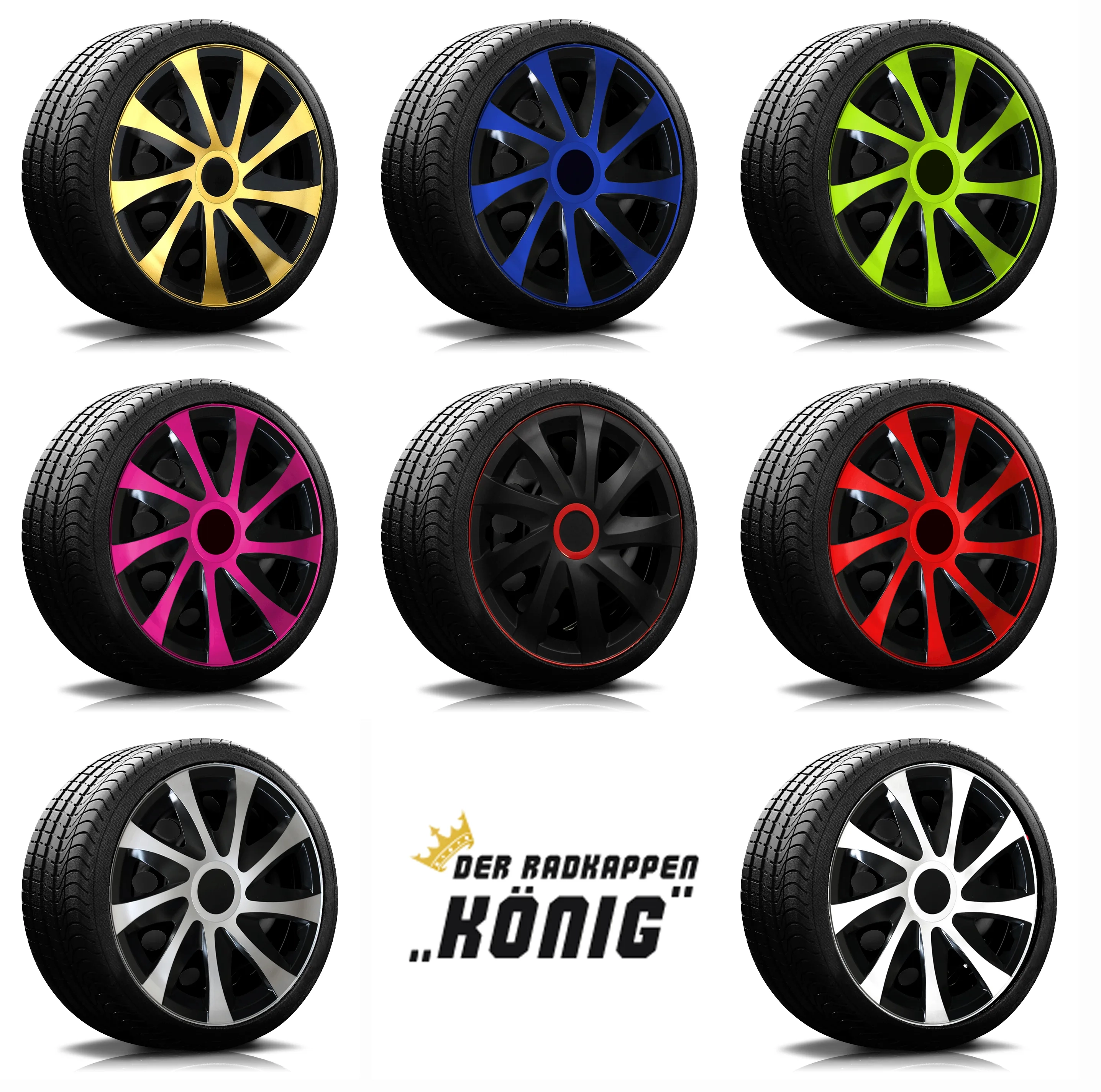 Die Modelle der RKK04 von Radkappen Koenig in schwarz, gold, rot, blau, silber, gruen und pink.