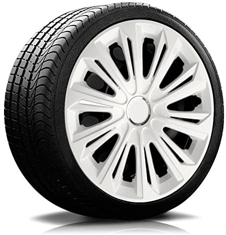 Ein Reifen mit Felge, auf der eine Radkappe des Modells RKK06 weiss ist.