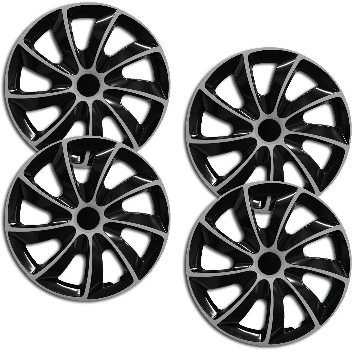 4 Radkappen Frontaufnahme RKK02 schwarz-silber Eine Frontaufnahme des 4er Set Radkappen Modell RKK02 in schwarz-silber.