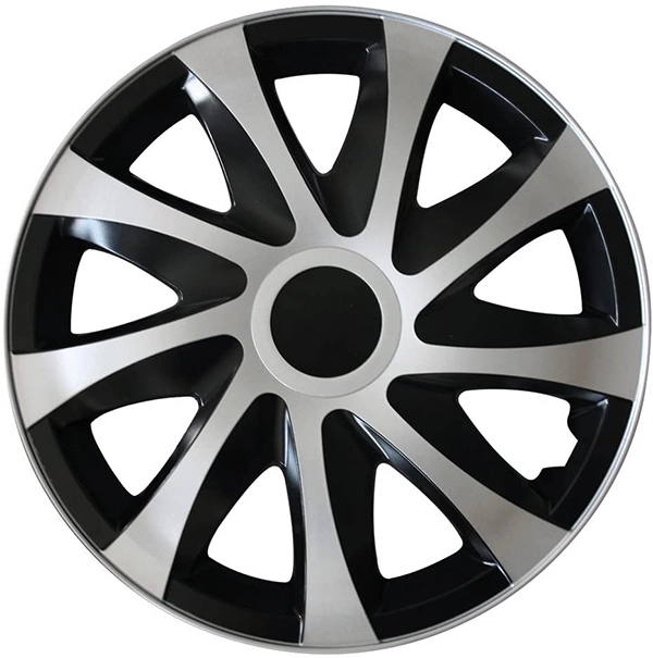 Eine Frontaufnahme der Radkappe Modell RKK04 in schwarz-silber.