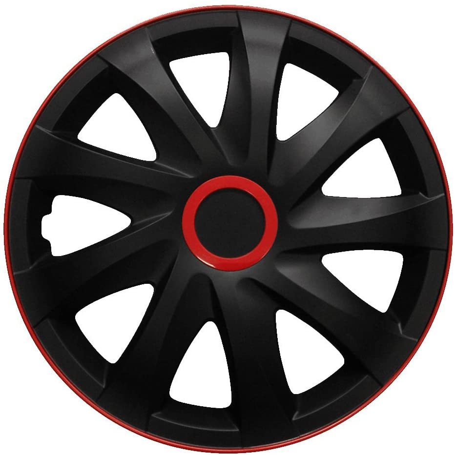 Eine Frontaufnahme der Radkappe Modell RKK04 in schwarz-rot Race.