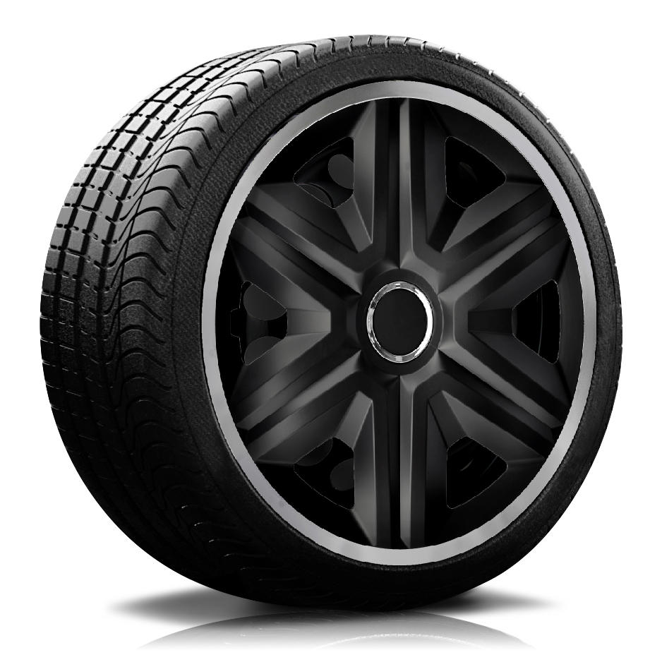 Ein Reifen mit Felge, auf der eine Radkappe des Modells RKK21 schwarz-silber ist.