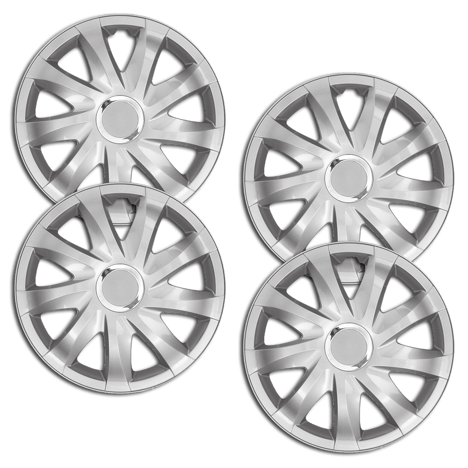 4 Radkappen Frontaufnahme RKK01 silber. Eine Frontaufnahme des 4er Set Radkappen Modell RKK01 in silber.
