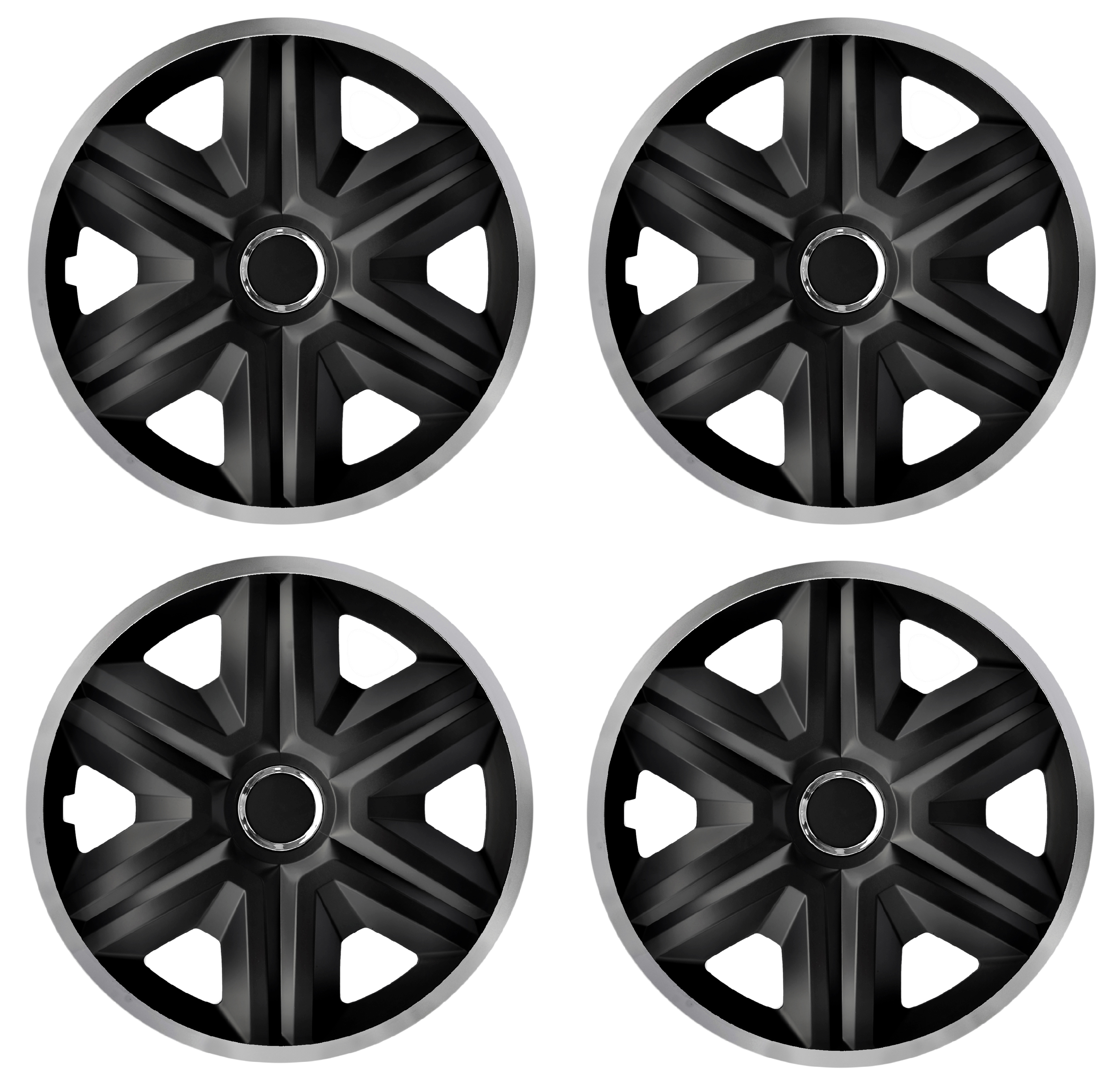 Eine Frontaufnahme des 4er Set Radkappen Modell RKK21 in schwarz-silber.