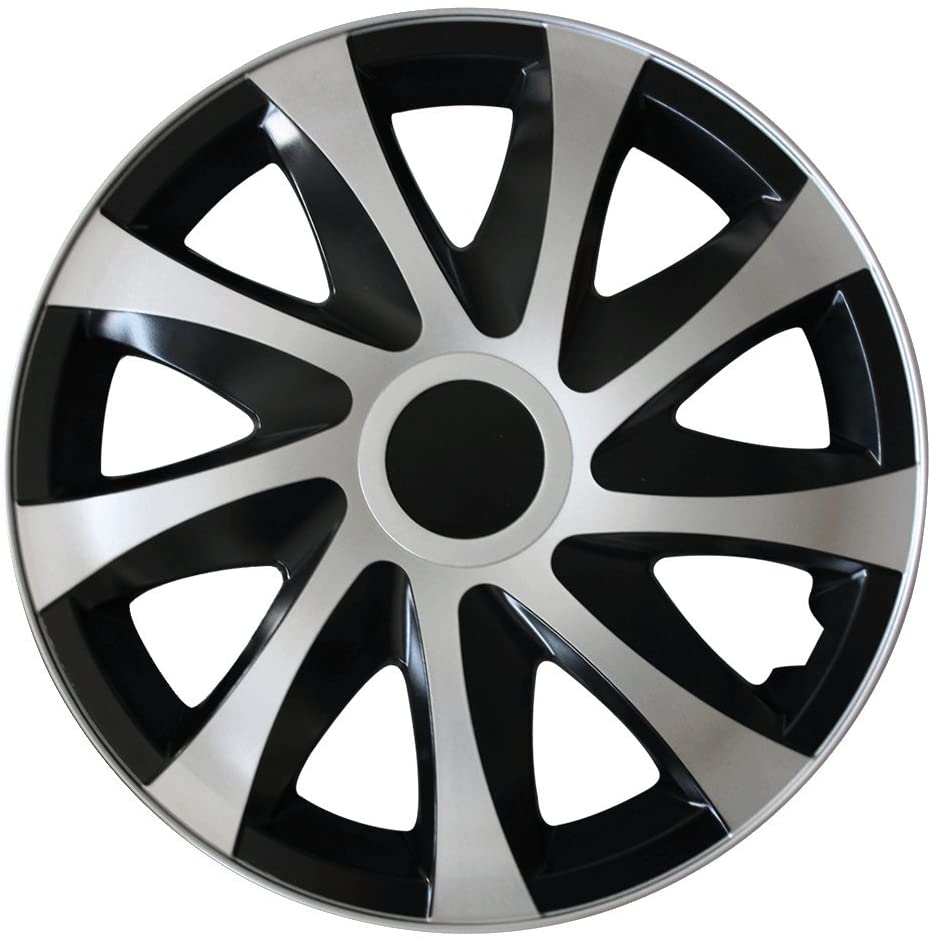 Eine Frontaufnahme der Radkappe Modell RKK04 in schwarz-silber.