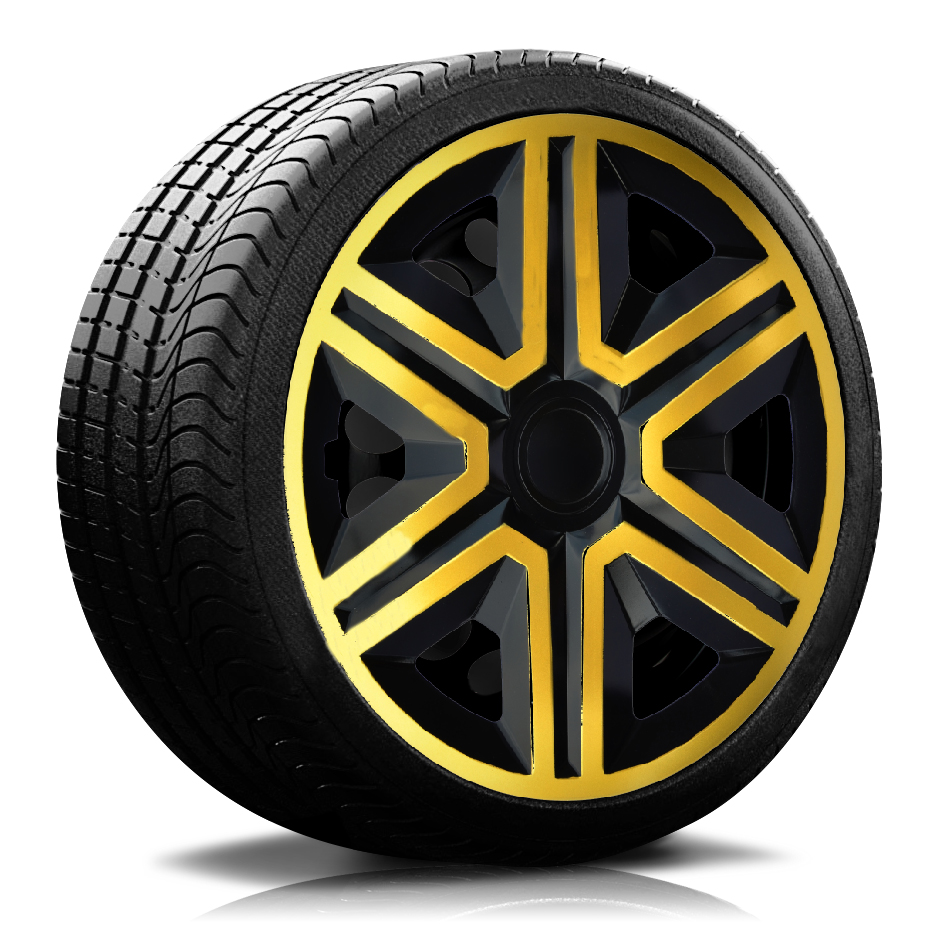 Ein Reifen mit Felge, auf der eine Radkappe des Modells RKK20 schwarz-gold ist.
