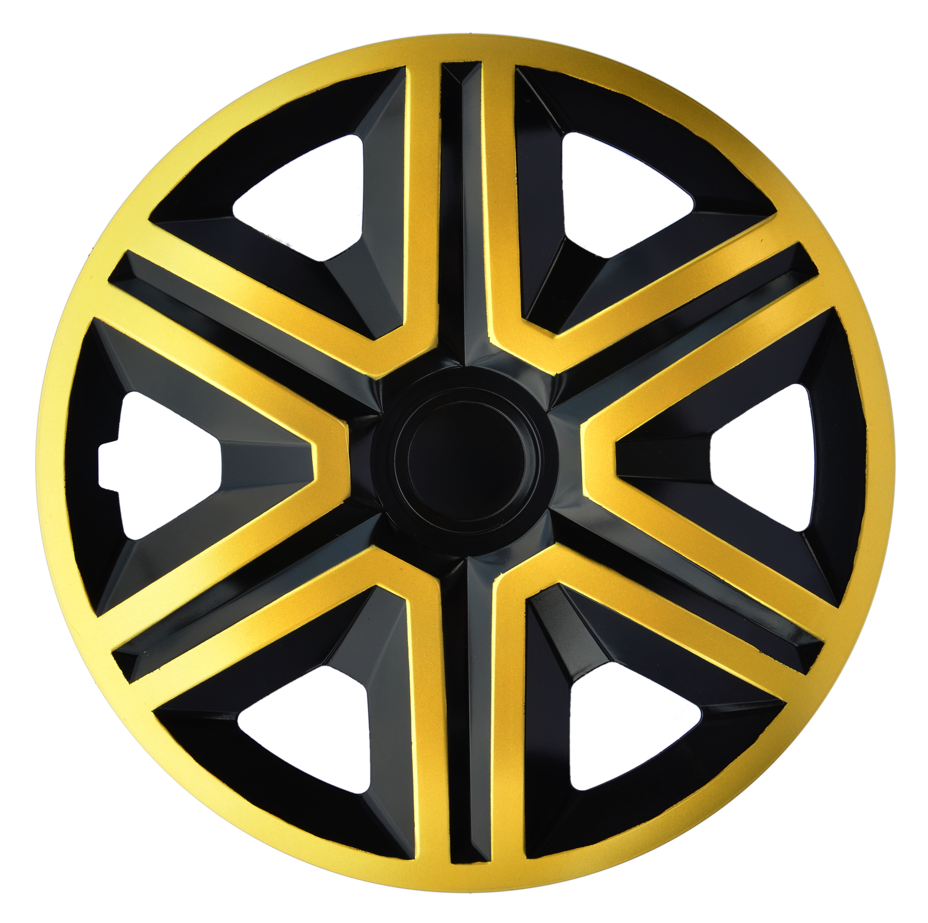 Eine Frontaufnahme der Radkappe Modell RKK20 in schwarz-gold.