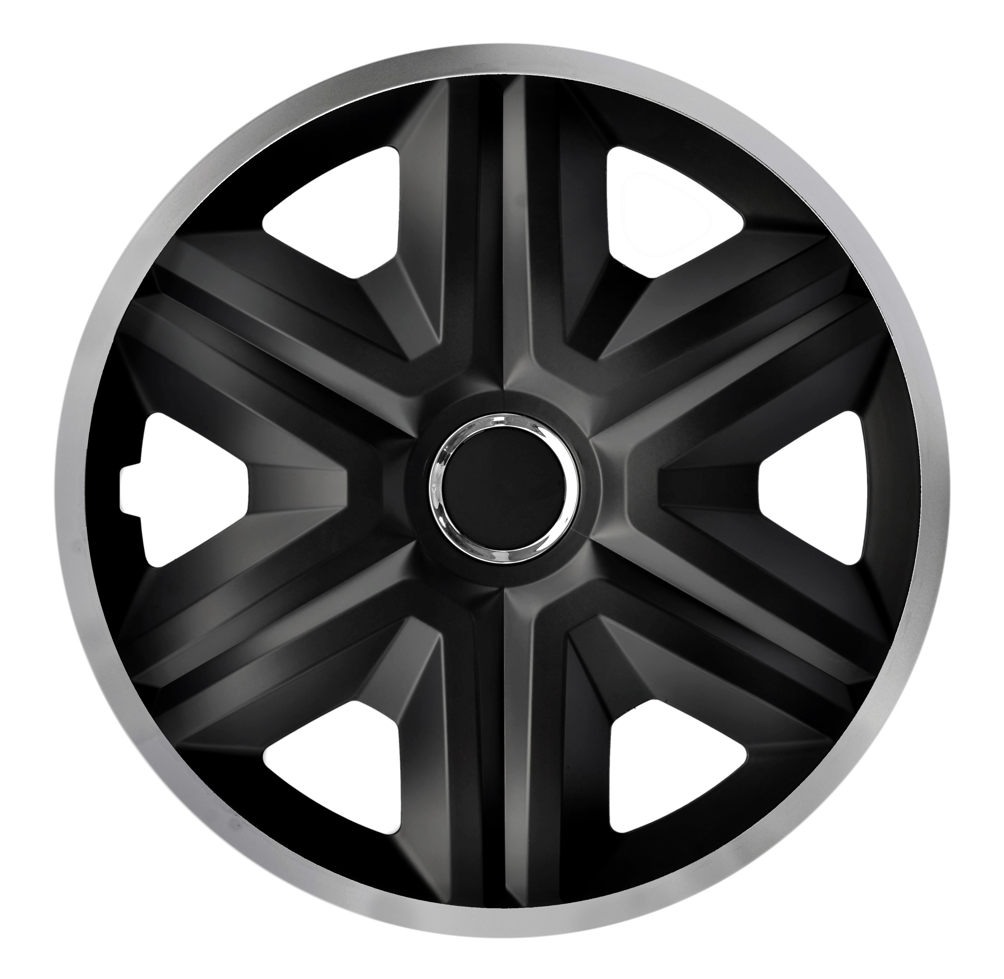 Eine Frontaufnahme der Radkappe Modell RKK21 in schwarz-silber.