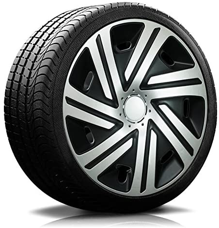 Ein Reifen mit Felge, auf der eine Radkappe des Modells RKK07 schwarz-silber ist.