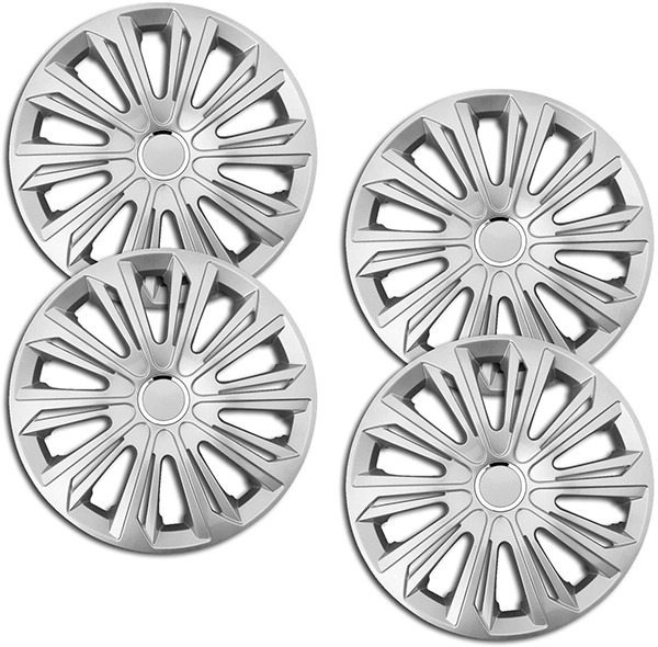 Eine Frontaufnahme des 4er Set Radkappen Modell RKK06 in silber.