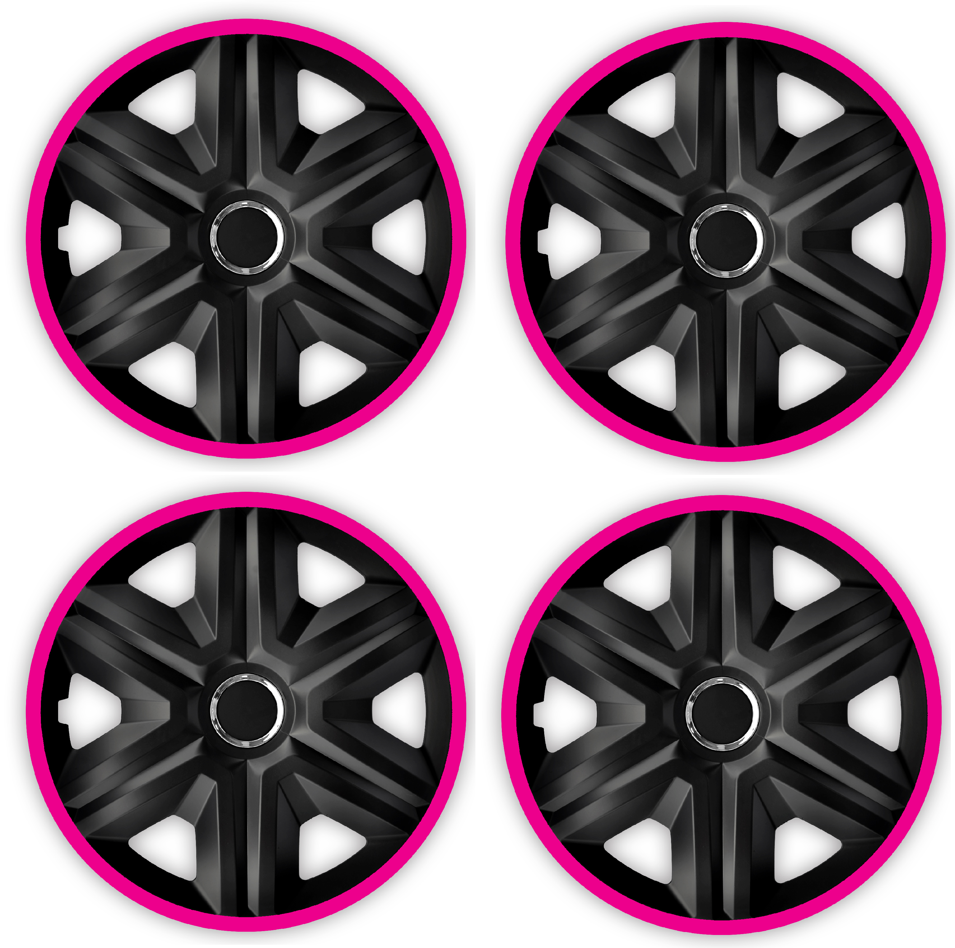 Eine Frontaufnahme des 4er Set Radkappen Modell RKK21 in schwarz-pink.