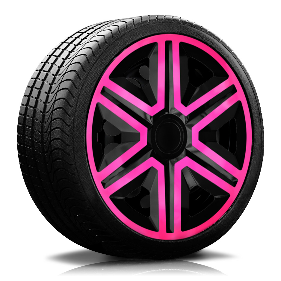 Ein Reifen mit Felge, auf der eine Radkappe des Modells RKK20 schwarz-pink ist.